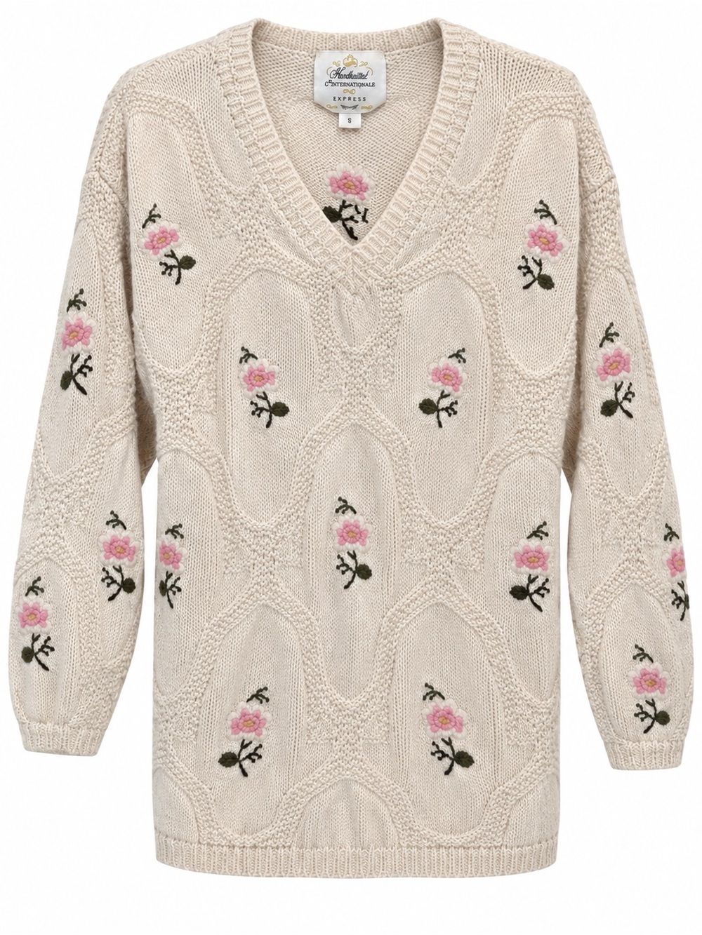 Vintage Chunky Knit Floral Embroidered Pink Sweater Size small hand knitted